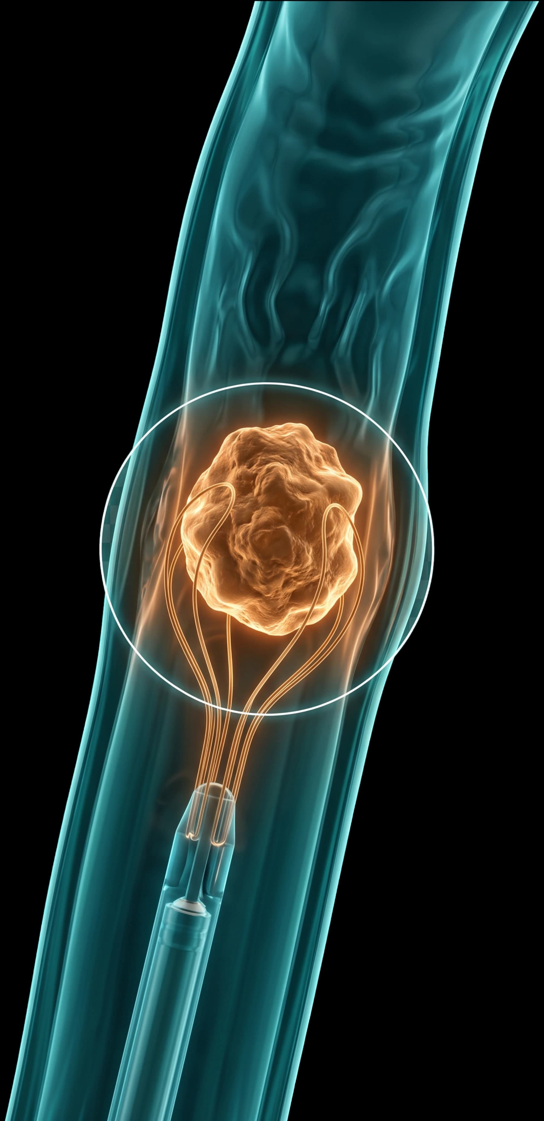 Ilustração do ureteroscópio dentro do ureter, com a cesta abrindo em volta de um cálculo para retirá-lo sem corte externo